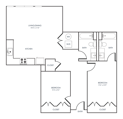 Floor plan for 2 beds, 2 baths, 1087 sqft